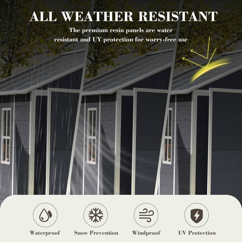 8*8ft Resin Storage Shed, High Quality PP Material, Waterproof, Rust And UV Proof, Large Storage Space, 12mm Thick PP Board