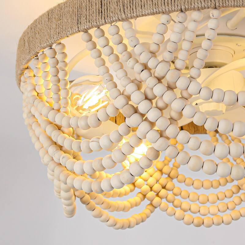 20" Smart Bohemian Wood Bead Beige Ceiling Fan with Remote and Light and APP Control - 19.7" D x 19.7" W x 10.1" H