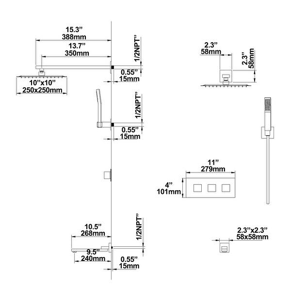 10'' Square 3Way Complete Rainfall Shower System with Faucet Set in