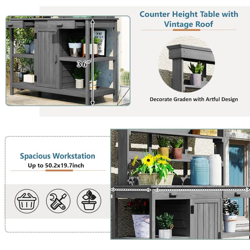 Outdoor Garden Wooden Rustic Potting Bench Table, Patio Storage Cabinet Garden Shed with 2 Drawers, Cabinet and Open Shelves