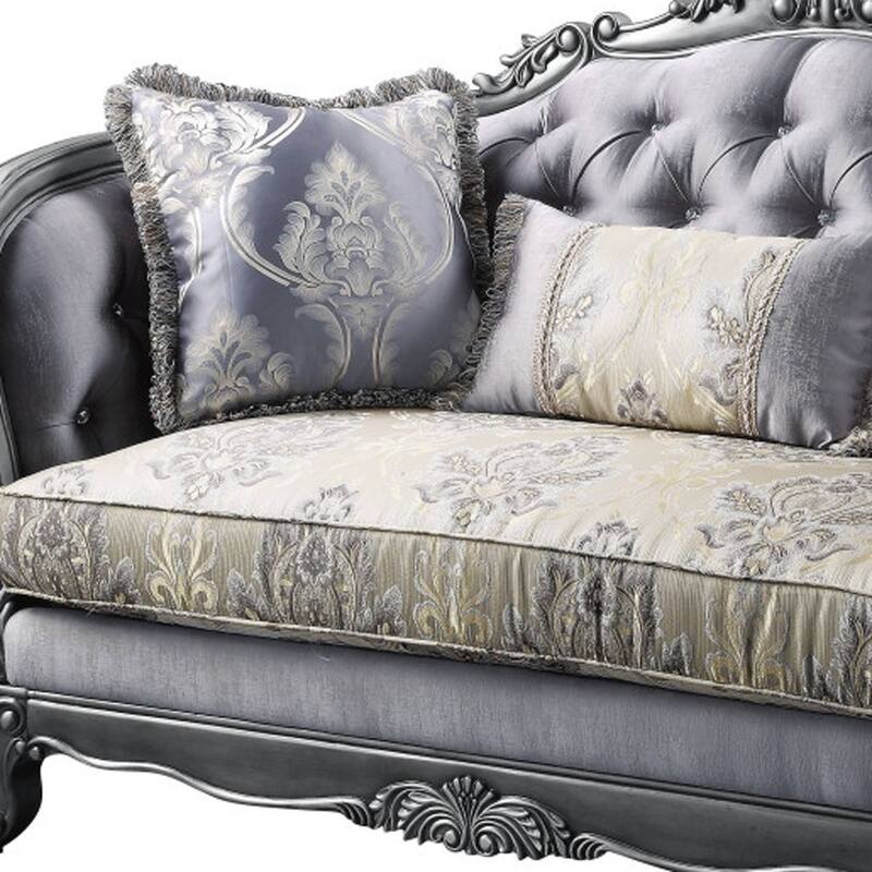 HomeRoots 65" Gray And Platinum Silk Blend Loveseat and Toss Pillows