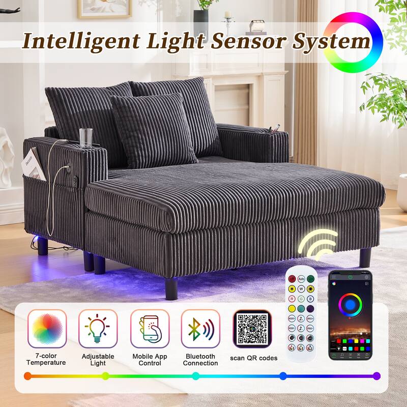 GDFStudio - Corduroy Recliner Sofa with USB Charging, RGB LED Light Strip - Suitable for Living Room and Bedroom