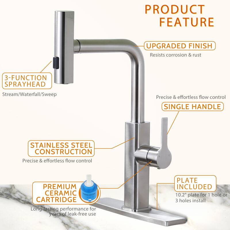 WOWOW Single Handle Pull Out Sprayer Kitchen Faucet with 3-Mode Advanced Spray