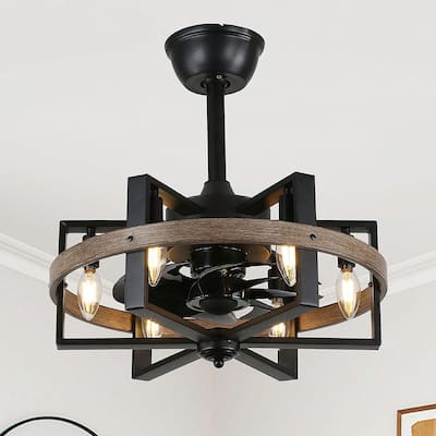 Cusp Barn 18 Inch Black Caged Fandelier Ceiling Fan with Light, Industrial Bladeless DC Motor Reversible Ceiling Fan for Bedroom