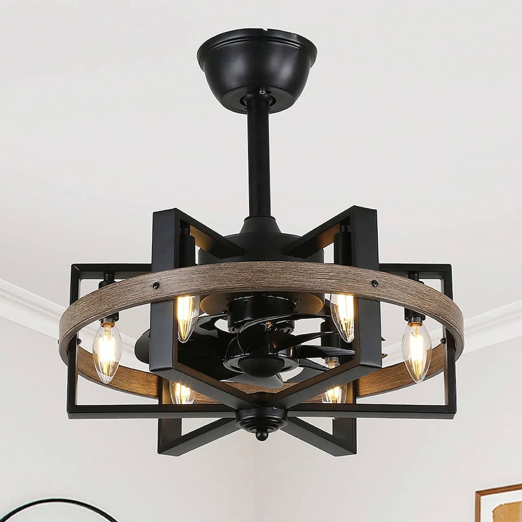 Cusp Barn 18" Black Caged Ceiling Fan with Light and Remote, 6-Light Farmhouse Reversible DC Motor Fandelier Ceiling Fan