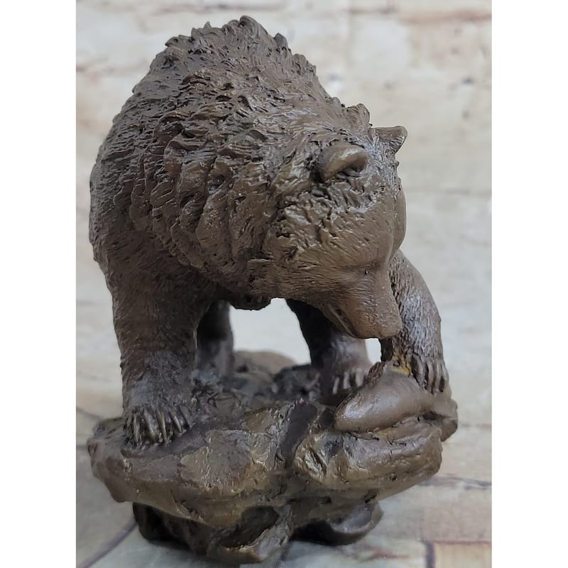 Original Burly Black Bear With His Fish Dinner Bronze Sculpture Statue Figurine
