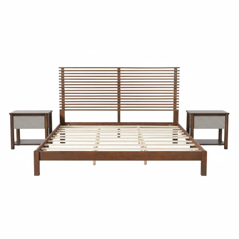 Christopher Knight Home - Stirling Contemporary Bedroom Set with Horizontal Slats Design Bed Frame & Shelf Storage Nightstands
