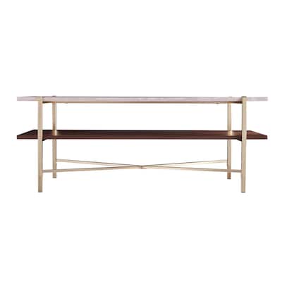 47" Modern Rectangular Coffee Table Brass Finish Metal with Faux Marble Top and Shelf - 47.25”L x 25.5”W x 18”H