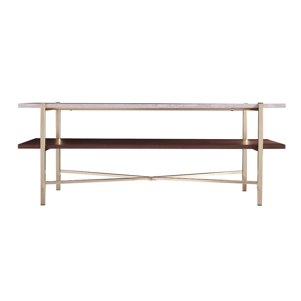 47" Modern Rectangular Coffee Table Brass Finish Metal with Faux Marble Top and Shelf - 47.25”L x 25.5”W x 18”H