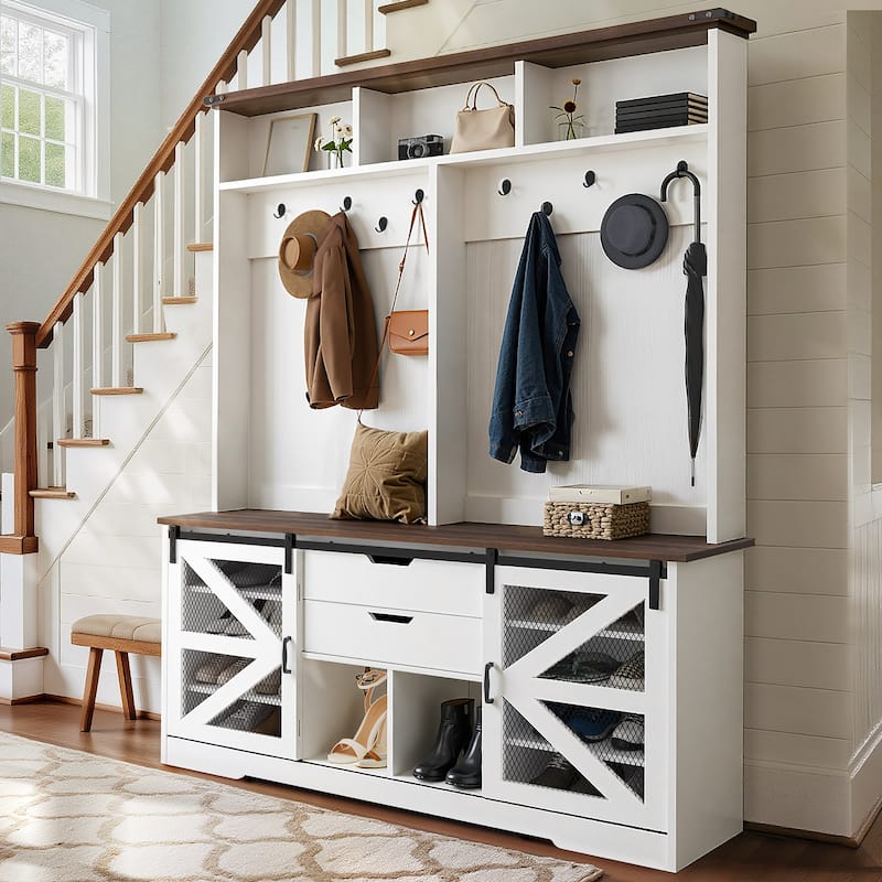 Moasis Hall Tree Coat Rack with 2 Drawers and Seat Bench for Hallway