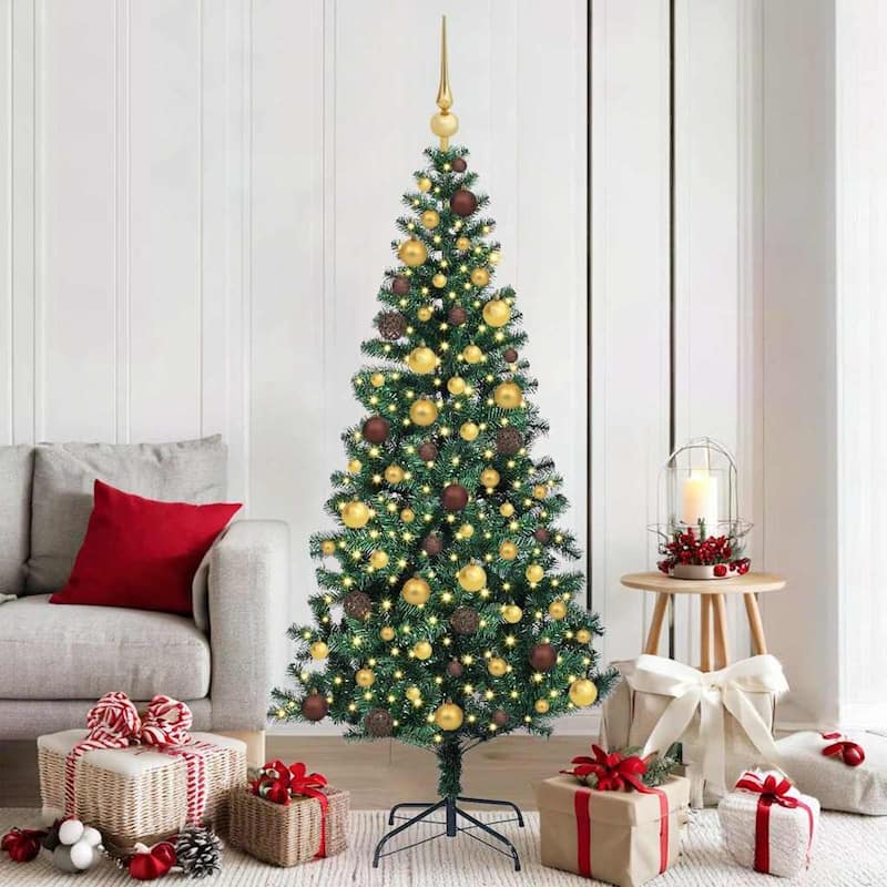 vidaXL Christmas Tree with Decorative String Lights - Black with LEDs and rose gold balls - 7 Foot