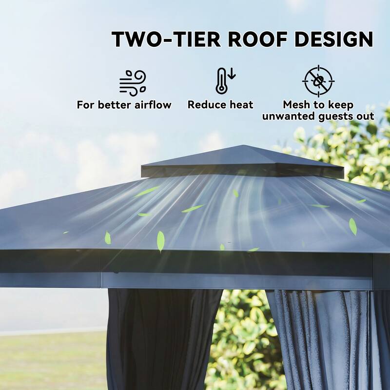 Outsunny 10' x 12' Outdoor Patio Gazebo, Soft Top Gazebo Canopy Shelter with Double Roof, Curtains, Netting, Steel Frame