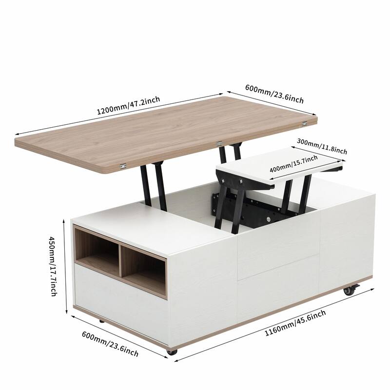 Modern Lift Top Coffee Table with Drawers & Shelves