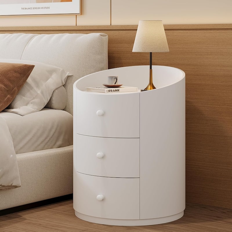 White Modern Wood Round End Sofa Side Table with 3 Drawers, Fully Assembled Nightstand - White