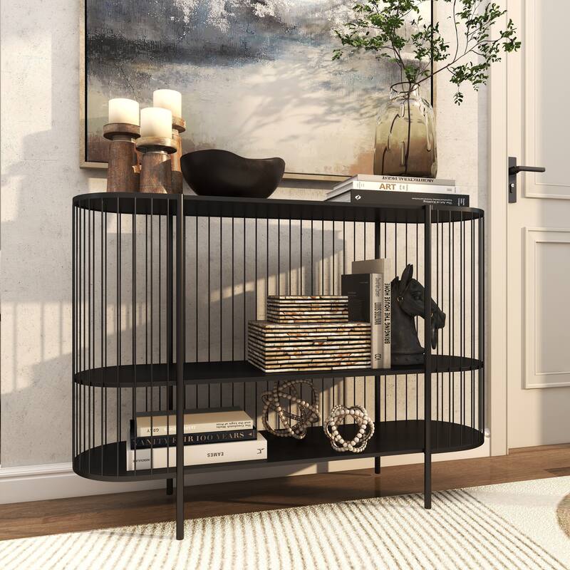 Metal Narrow Oval 2 Shelf Console Table with Open Wire Frame - Black - Roche River Decor