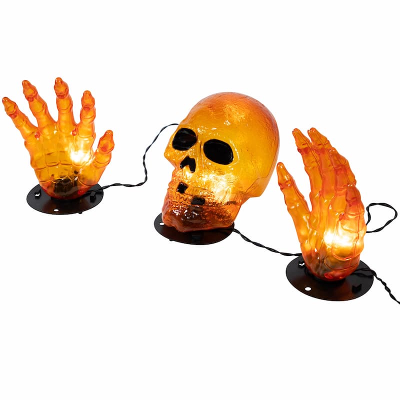 LED Lighted Skull and Hands Outdoor Halloween Decoration - 4' Black Wire - Orange