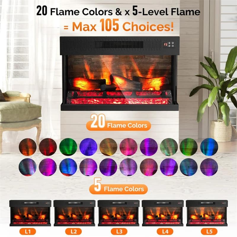 28/36 inch Electric Fireplace Insert 3 Sided View 20 Flame Color Heater