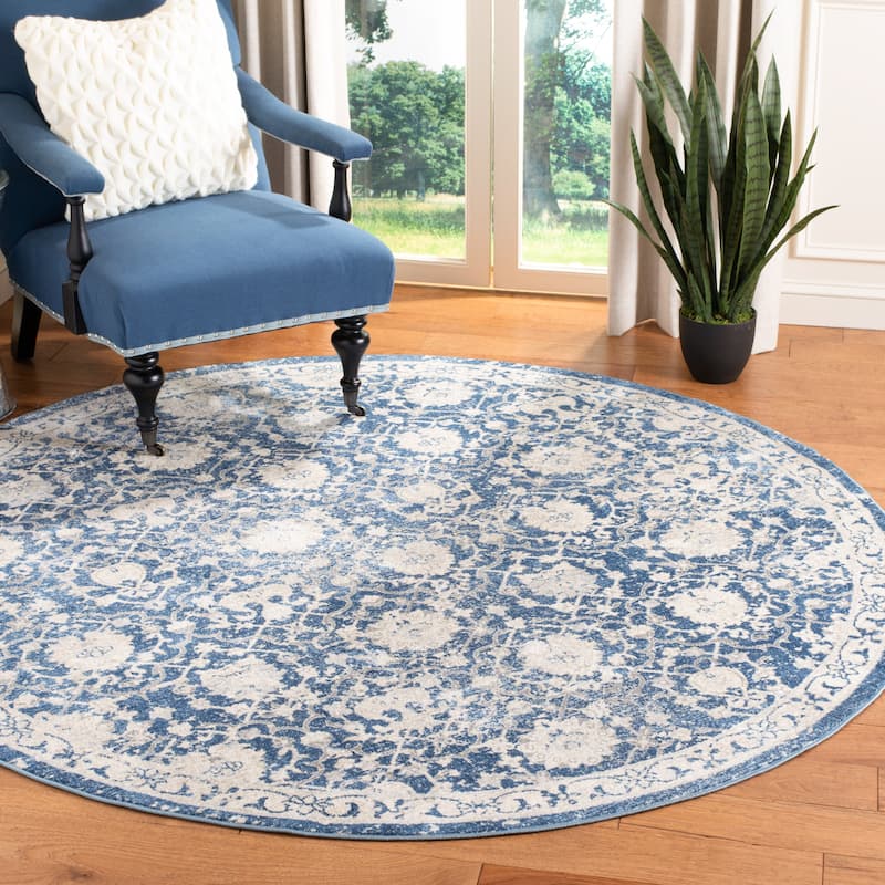 SAFAVIEH Brentwood Mirvete Traditional Oriental Rug - 6'7" Round - Navy/Creme