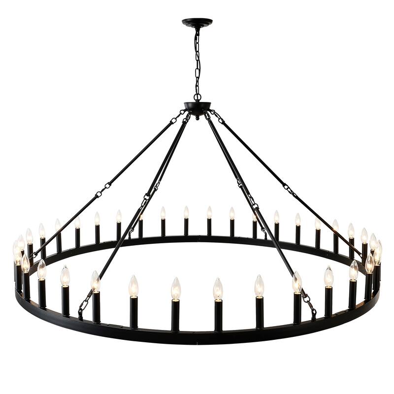 63.8 INCH 36-Light Extra Large Wagon Wheel Chandelier, Black Farmhouse Round Wheel Chandelier Light Fixtures E12