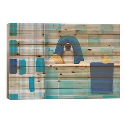 Dog In Shower I Print On Wood by damedeeso - Multi-Color