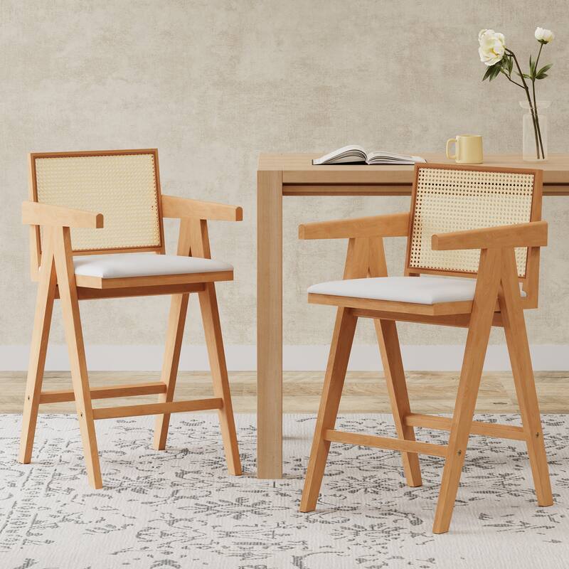 Bar Height Stool Dining Chair with Breathable Cane Back and Cushioned Seat, Woven Counter Stool for Dining Room