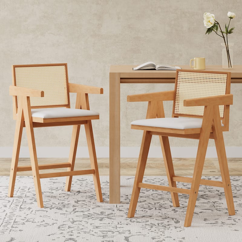 Mid-Century Modern Cane Plastic Backrest Bar Stool, Fabric Upholstered Dining Chair with Rubberwood Frame, Set of 2 - Natural+Cream