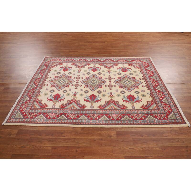 Ivory Kazak Oriental Area Rug Hand-Knotted Traditional Wool Carpet - 4'11" x 6'6"