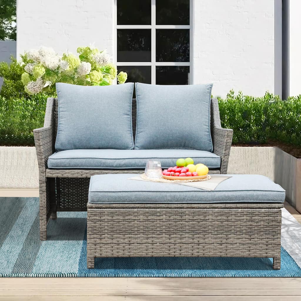 Outdoor 2-piece Cushioned Sofa and Storage Ottoman Wicker Loveseat