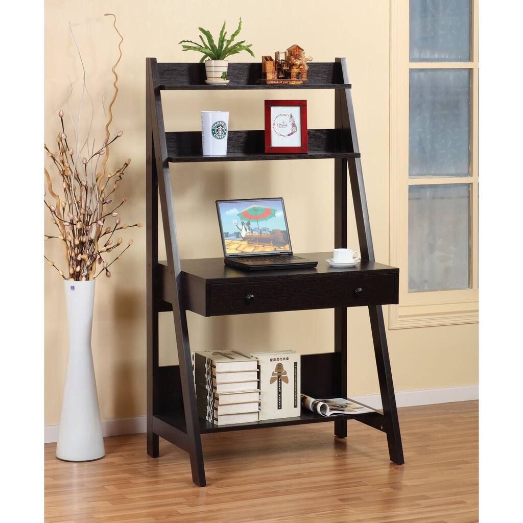 Q-Max Red Cocoa Ladder Desk Combines with Three Open Shelves and One Drawer with Knobs