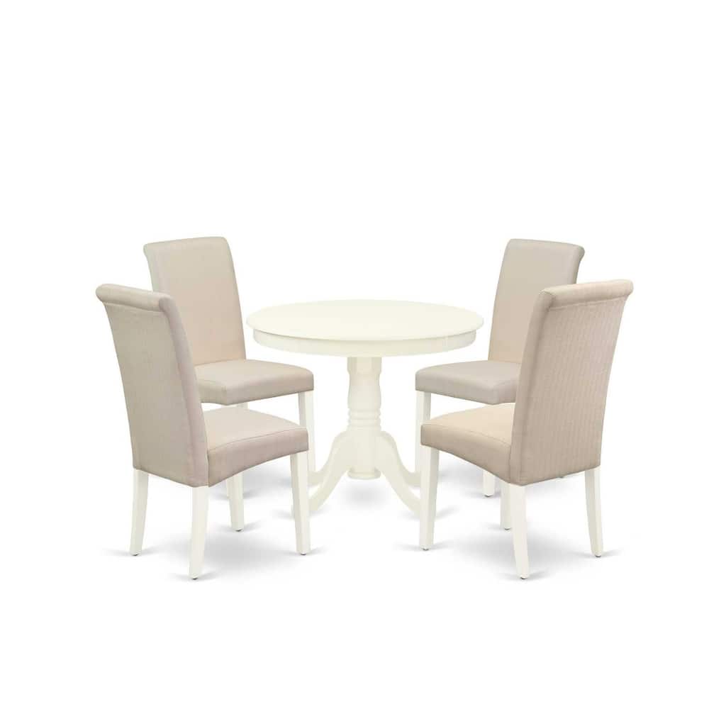 HomeStock 5-Piece Round Linen White Finish Solid Wood Top Dining Table with 4 Parson Chair with Lattice Back