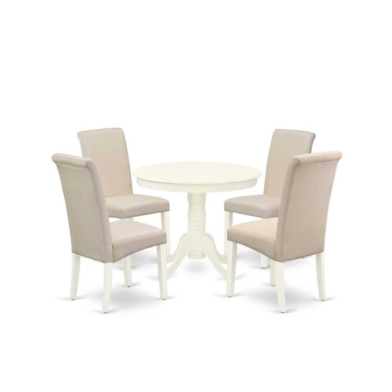 Modern 5 Piece Kitchen Dinette Set - Round Table & 4 Parsons Chairs - 36 Inch - Linen White - 25.5