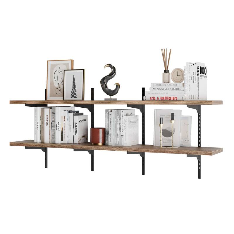 Wallniture Turin 60" Wall Mounted Shelves with Adjustable Brackets, 1" Thick Floating Shelves for Home Office Decor, 2,3,4 Tier