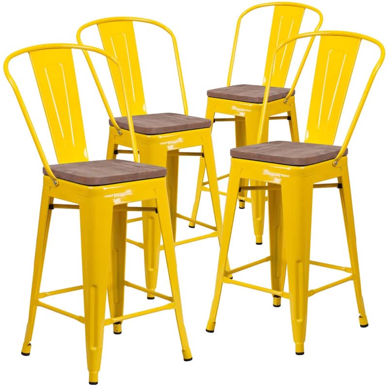 4 Pack 24" High Metal Counter Height Stool with Back and Wood Seat - 17.75"W x 20"D x 39.25"H