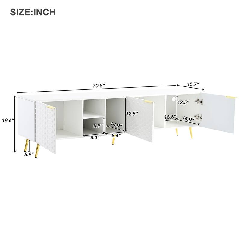 71" Minimalist TV Cabinet with Geometric Honeycomb Pattern - Gold Accents, Cable Management, Storage