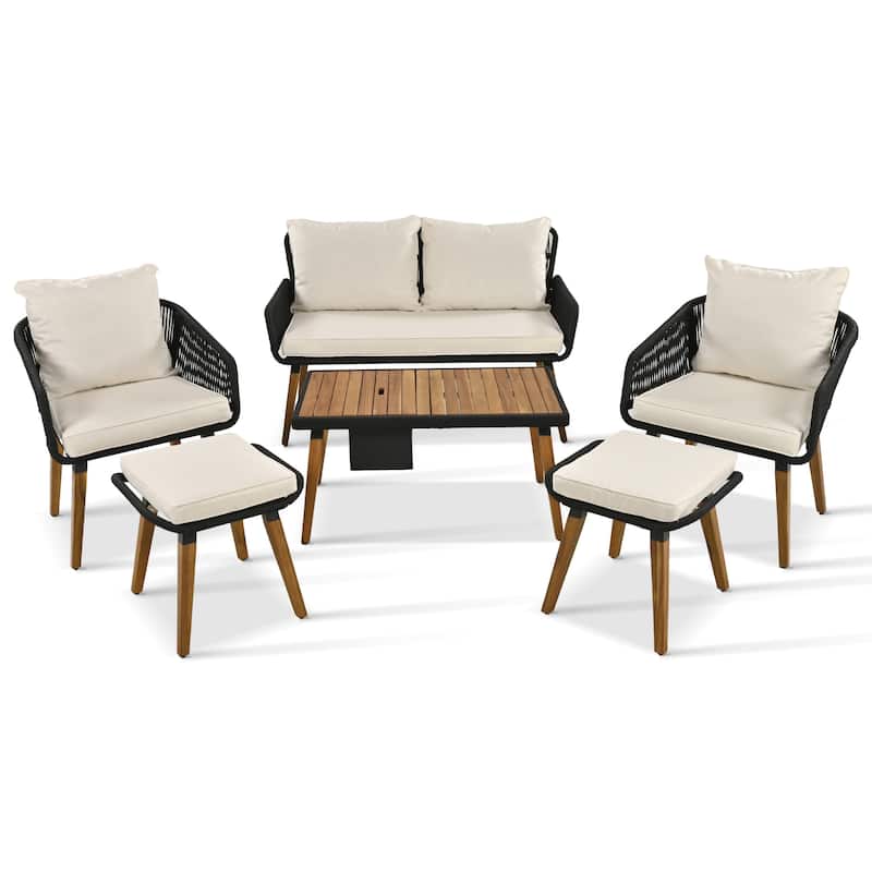 6-Piece Outdoor Patio Rope Conversation Sofa Set with Acacia Wood Cool Bar Table and 2 Stools