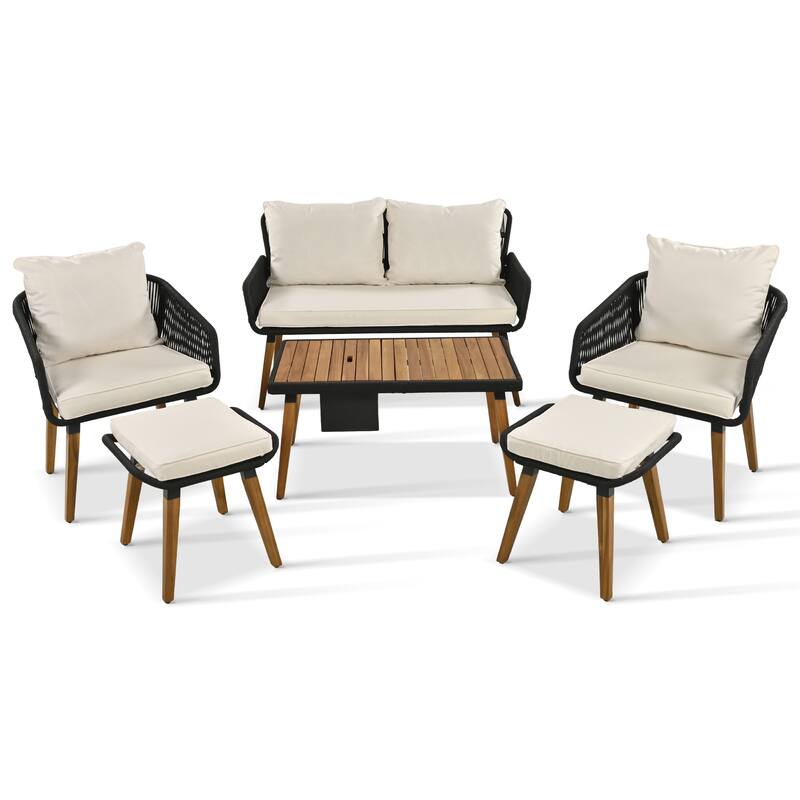 Patio Furniture Set Dining Chairs Set Wood Conversation Sets with Cool Bar Table and Ice Bucket, Deep Seat Lounger with 2 Stools