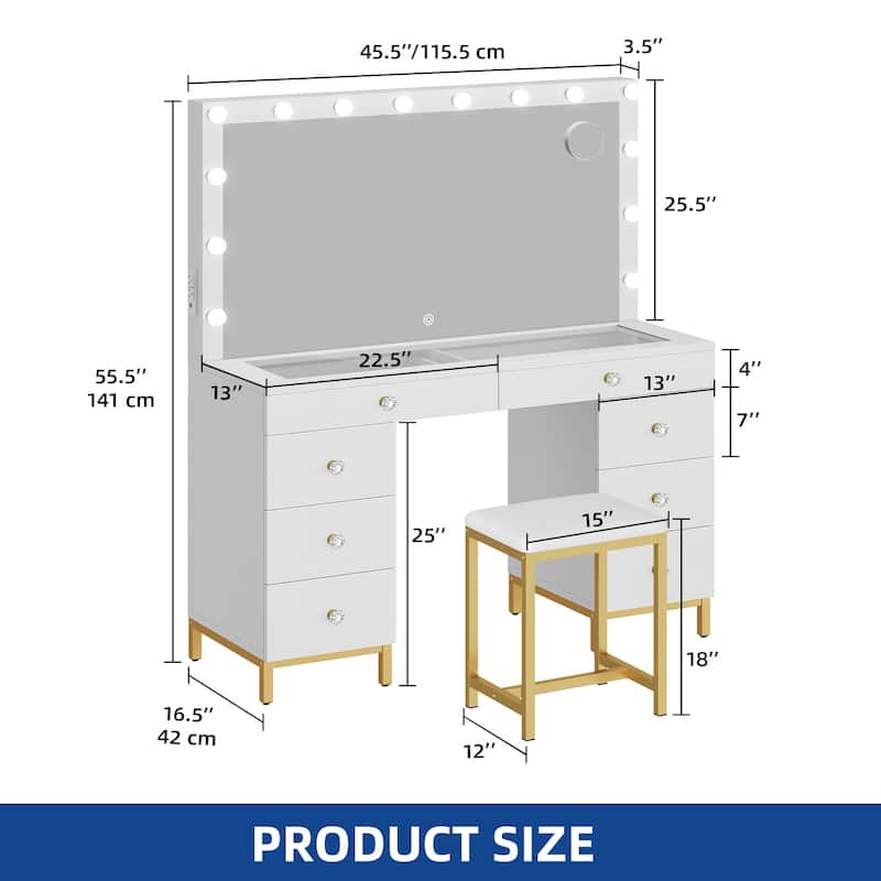 Moasis 8 Drawers Makeup Vanity Desk with Hollywood Lighted Mirror & Charging Station