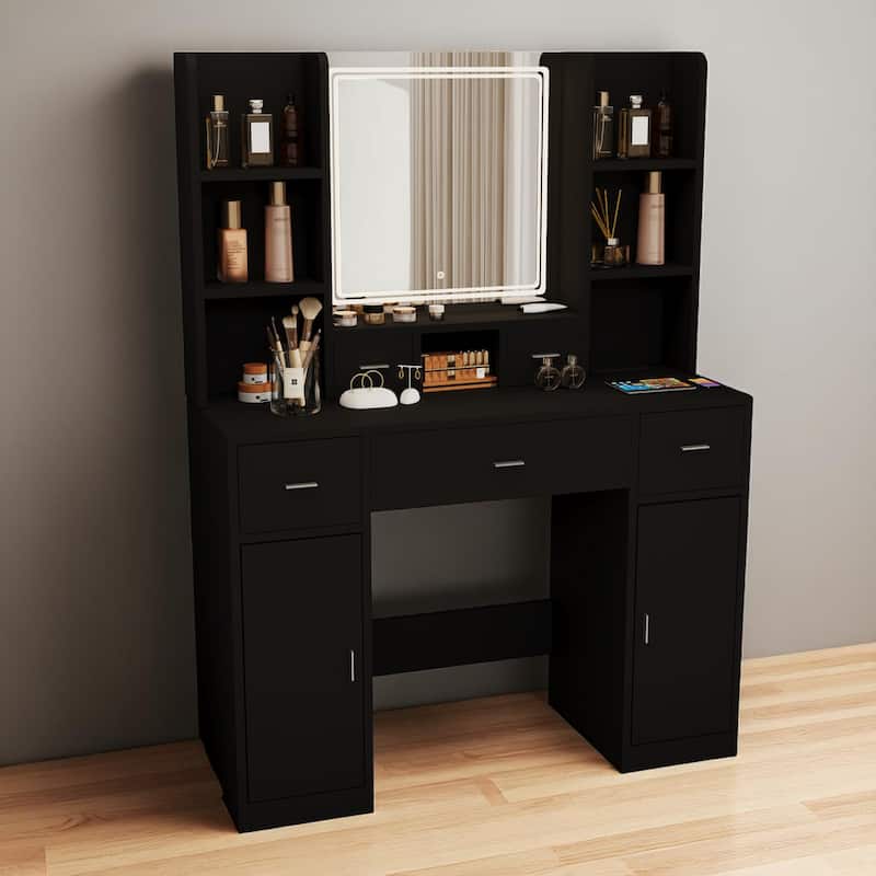 Makeup Vanity Desk with Touch LED Mirror, 5 Drawers, Hidden Shelves & Storage Cabinet for Bedroom