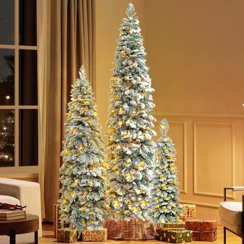 8FT, 6FT, 4FT Pre-Lit Pencil Christmas Trees, Set of 3 Flocked Fir Slim Christmas Trees, 290 LED Lights with 11 Lighting Modes