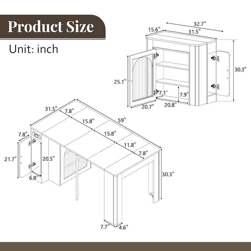Extendable Dining Table with 3 Removable Middle Leaves,Mobile Rolling Table with Power Outlet,Saving-space Cabinet with Storage