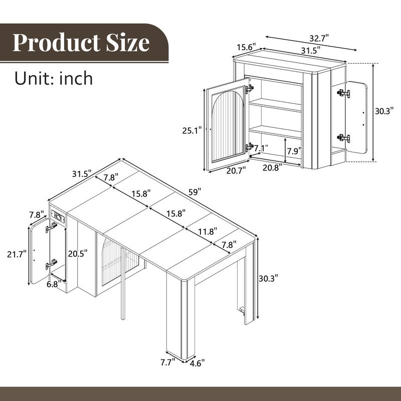 Roomfitters Extendable Dining Table, Mobile Kitchen Island, Rolling Storage Cabinet with Power Outlet