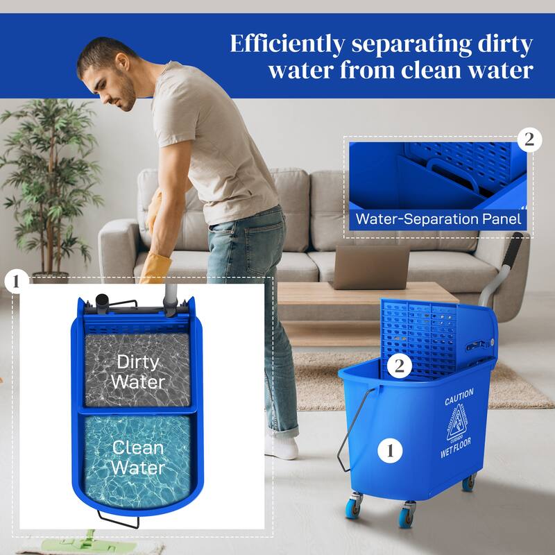 HOMCOM Mop Bucket with Wringer on Wheels for Floor Cleaning, 21 Quart, Separate Dirty and Clean Water