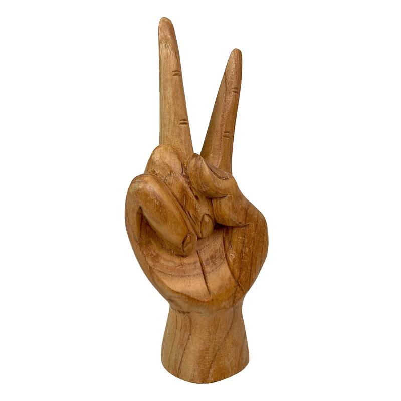 Zeckos Carved Wood Peace Sign Hand Gesture Statue - 7.75 X 3 X 2 inches