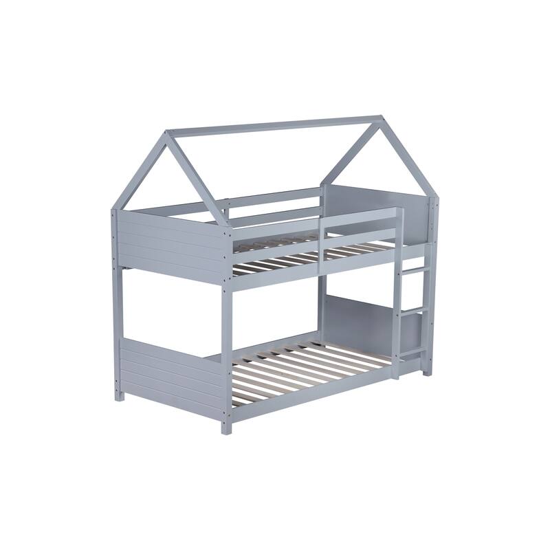 Wood Low Bunk Bed Twin Over Twin with House-shaped Bed Roof Frame, Ladder, Guardrails, Headboards and Footboards Floor Bed