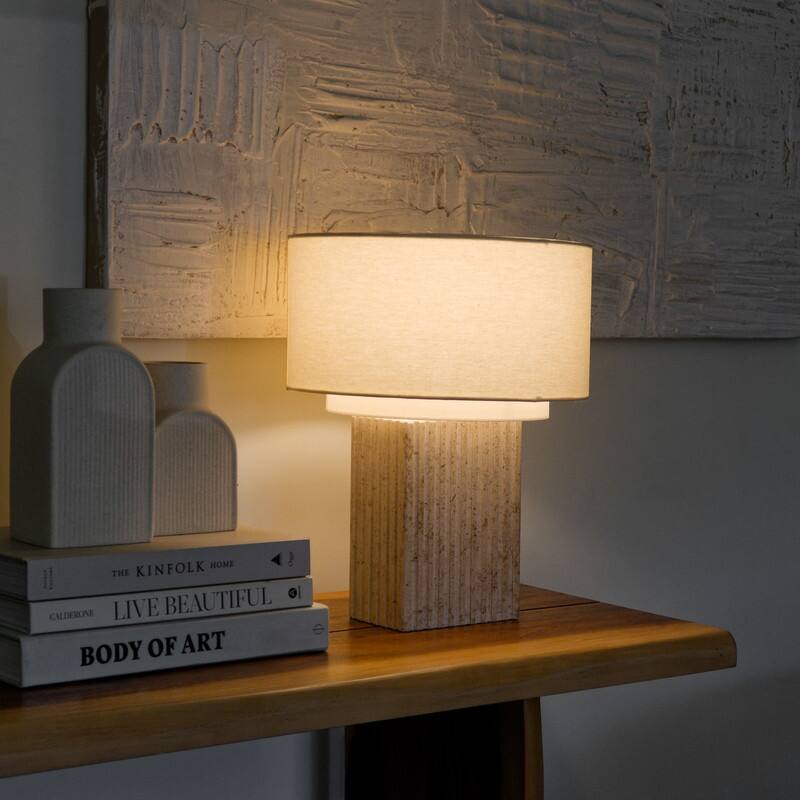 Brightech Atticus LED Natural Beige Stone Modern Industrial Square Dimmable Bedside Nightstand Desk Lamp