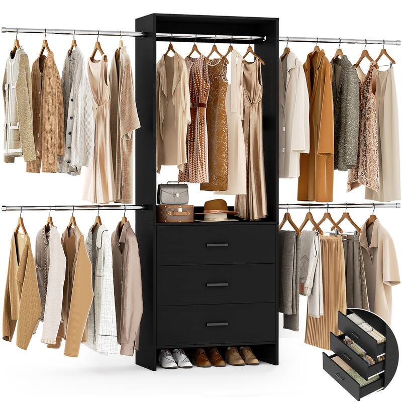 Cimly 118'' Closet Organizer with 3 Wooden Drawers, Adjustable Closet System with 5 Hanging Rods