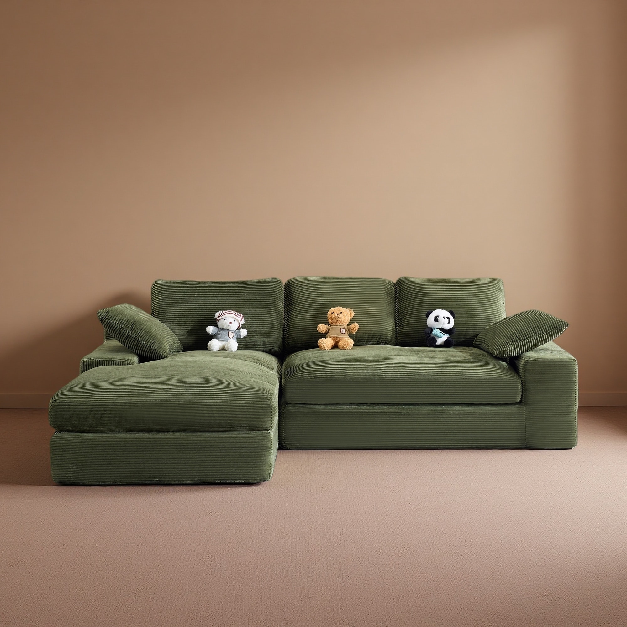 98.4" Corduroy Compressed Sectional Sofa with 5 Throw Pillows and Deep Wide Seat