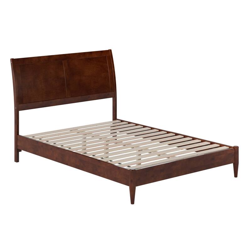 Solid Wood Low Profile Sleigh Bed with USB Ports - Full Size Platform Bed Frame, Walnut Finish