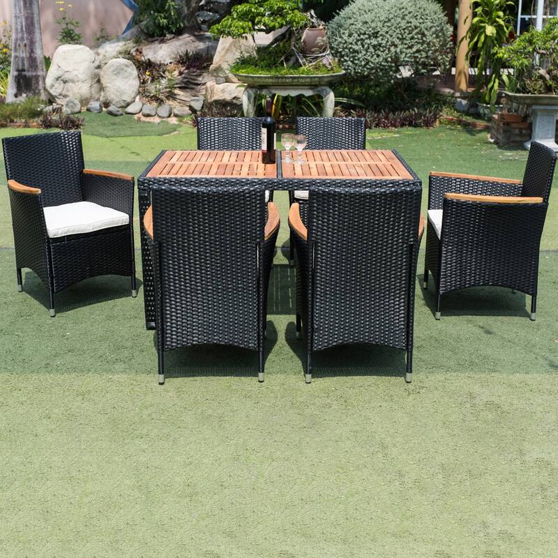 7 Pieces Outdoor Patio Wicker Furniture Dining Table Set with 6 Stools