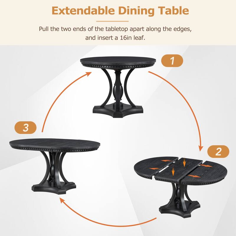 Retro 5-piece Dining Set Extendable Round Table and 4 Chairs for Kitchen Dining Room